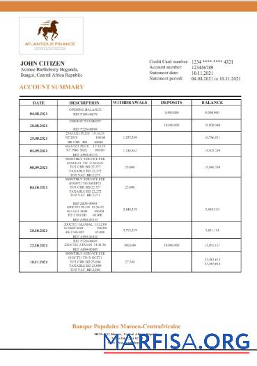 Downloadable Central African Republic Banque Populaire Maroco Centrafricaine bank statement word example